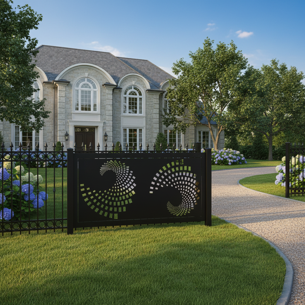 Geometric Dual Spiral Plasma‑Cut Steel Fence Panel | Modern Decorative Metal Privacy Screen Model # LFP967