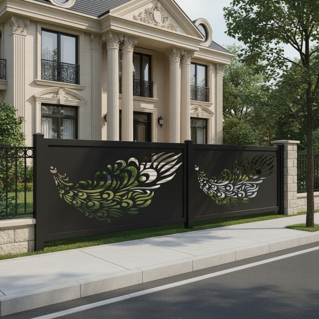 Abstract Feather Flow Plasma‑Cut Steel Fence Panel | Elegant Decorative Metal Privacy Screen Model # LFP970