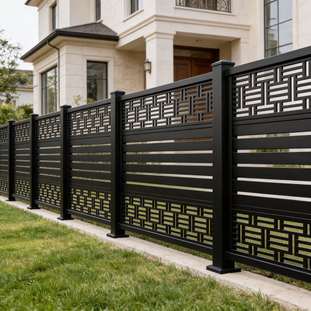 Modern Lattice‑and‑Slat Steel Fence Panel | Contemporary Decorative Metal Privacy Screen Model # LFP9707