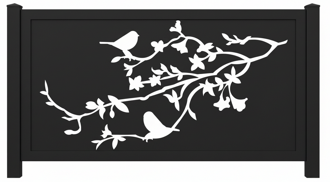 Birds on Branch Silhouette Plasma‑Cut Steel Fence Panel | Elegant Decorative Metal Privacy Screen Model # LFP973