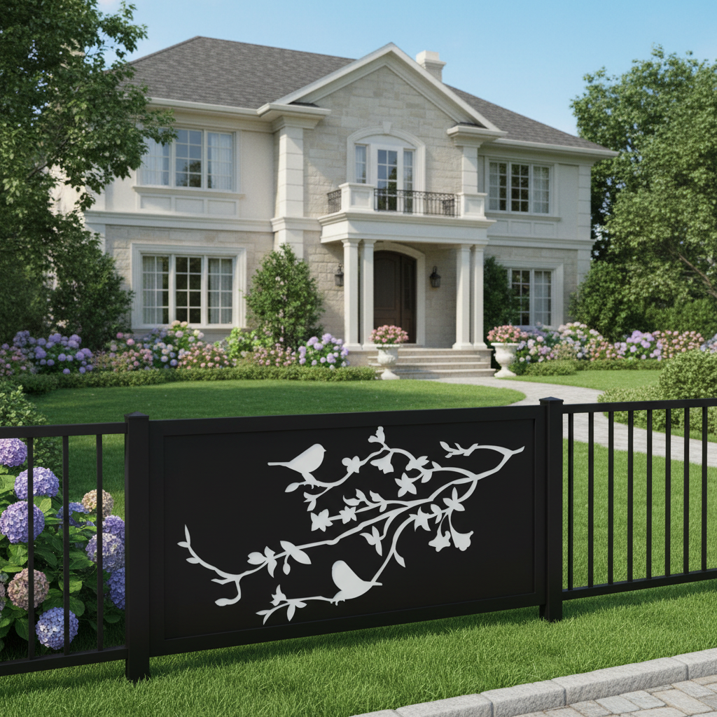 Birds on Branch Silhouette Plasma‑Cut Steel Fence Panel | Elegant Decorative Metal Privacy Screen Model # LFP973