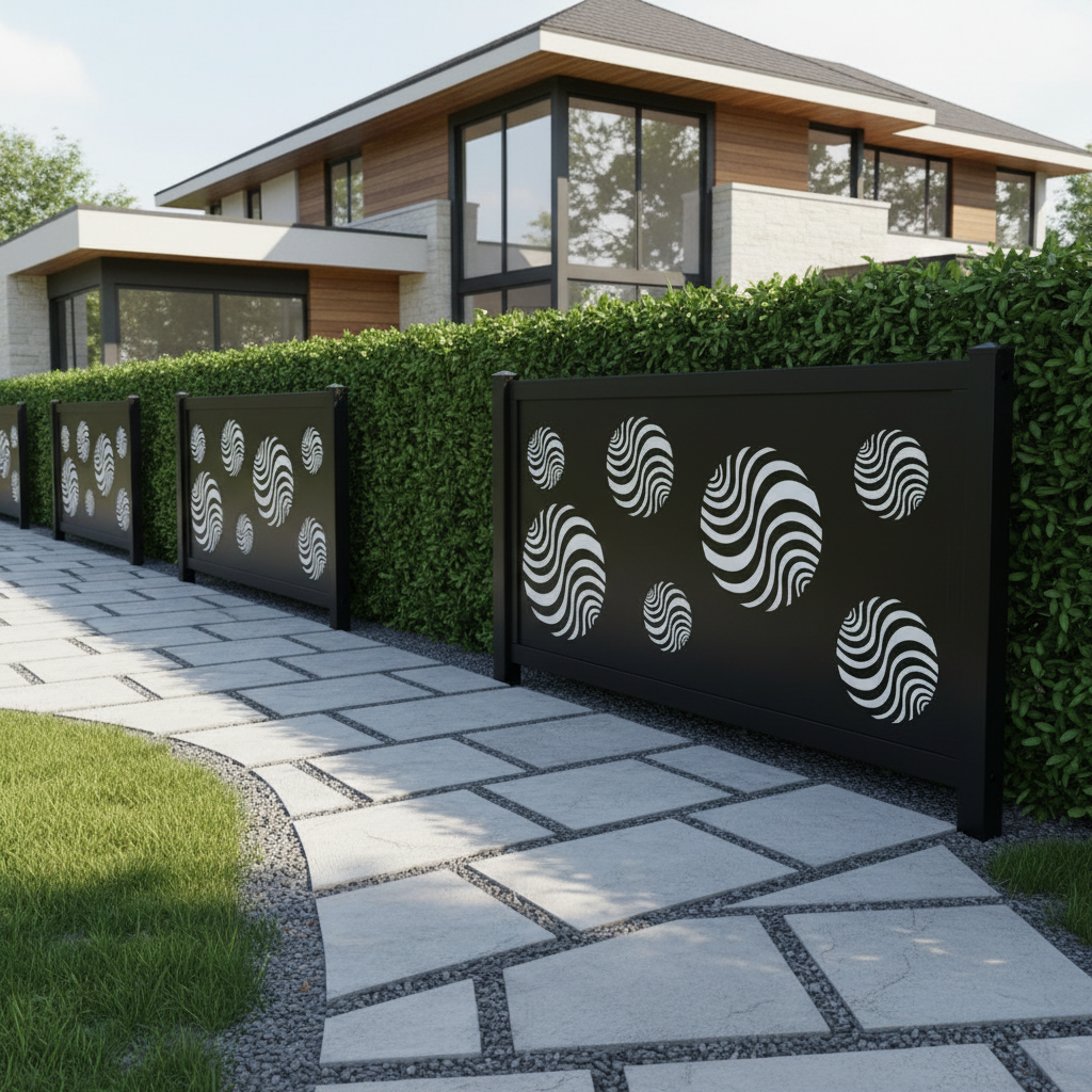 Swirling Circle Pattern Plasma‑Cut Steel Fence Panel | Modern Decorative Metal Privacy Screen Model # LFP976