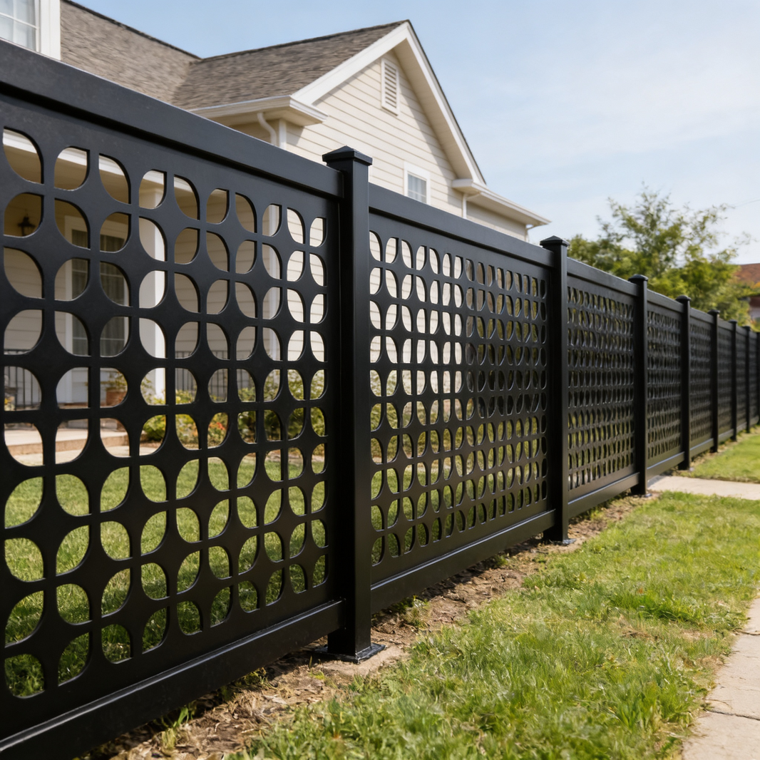 Geometric Floral Grid Plasma‑Cut Steel Fence Panel | Decorative Modern Metal Privacy Screen Model # LFP977