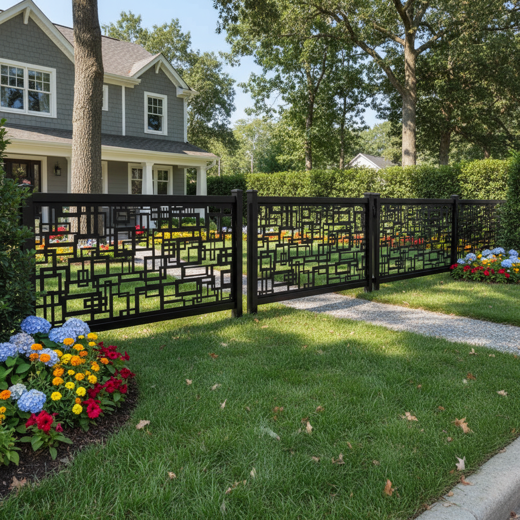 Modern Geometric Grid Plasma‑Cut Steel Fence Panel | Contemporary Decorative Metal Privacy Screen Model # LFP979