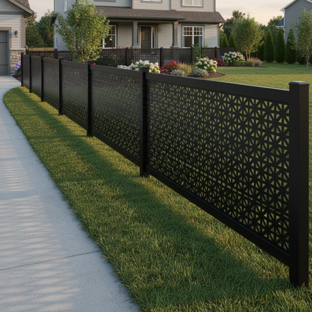 Geometric Pinwheel Triangle Plasma‑Cut Steel Fence Panel | Modern Decorative Metal Privacy Screen Model # LFP980