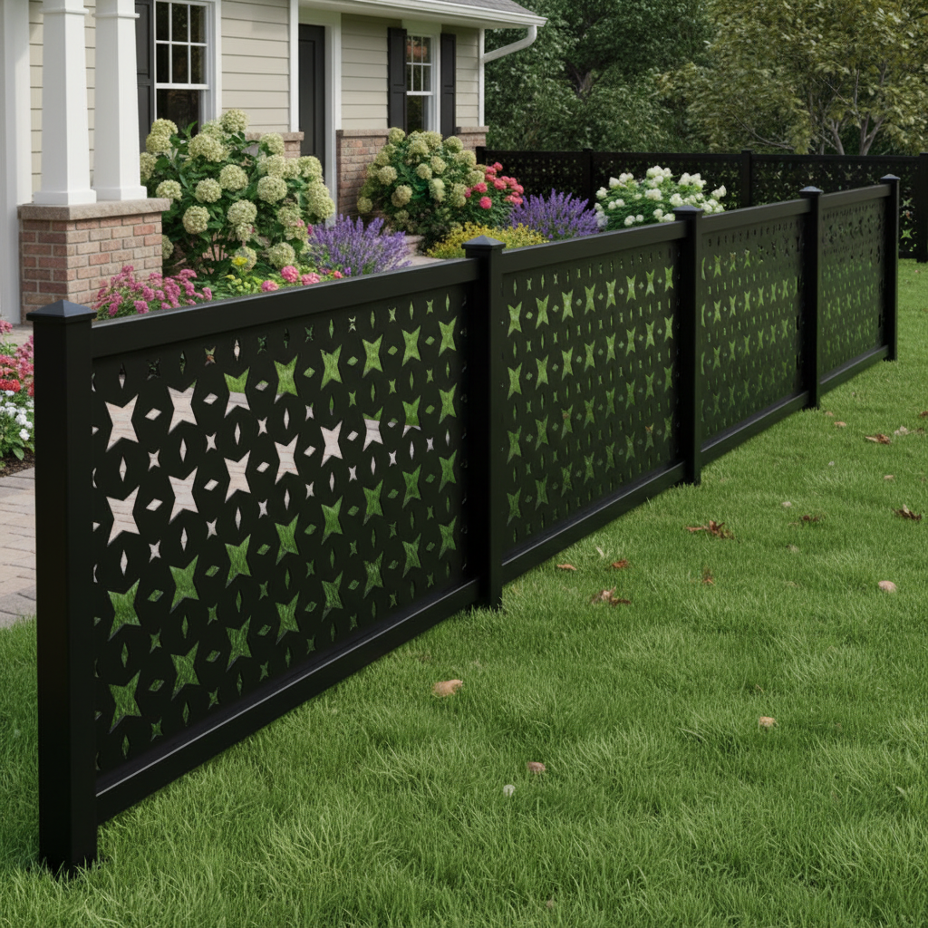 Geometric Star Grid Plasma‑Cut Steel Fence Panel | Decorative Modern Metal Privacy Screen Model # LFP981