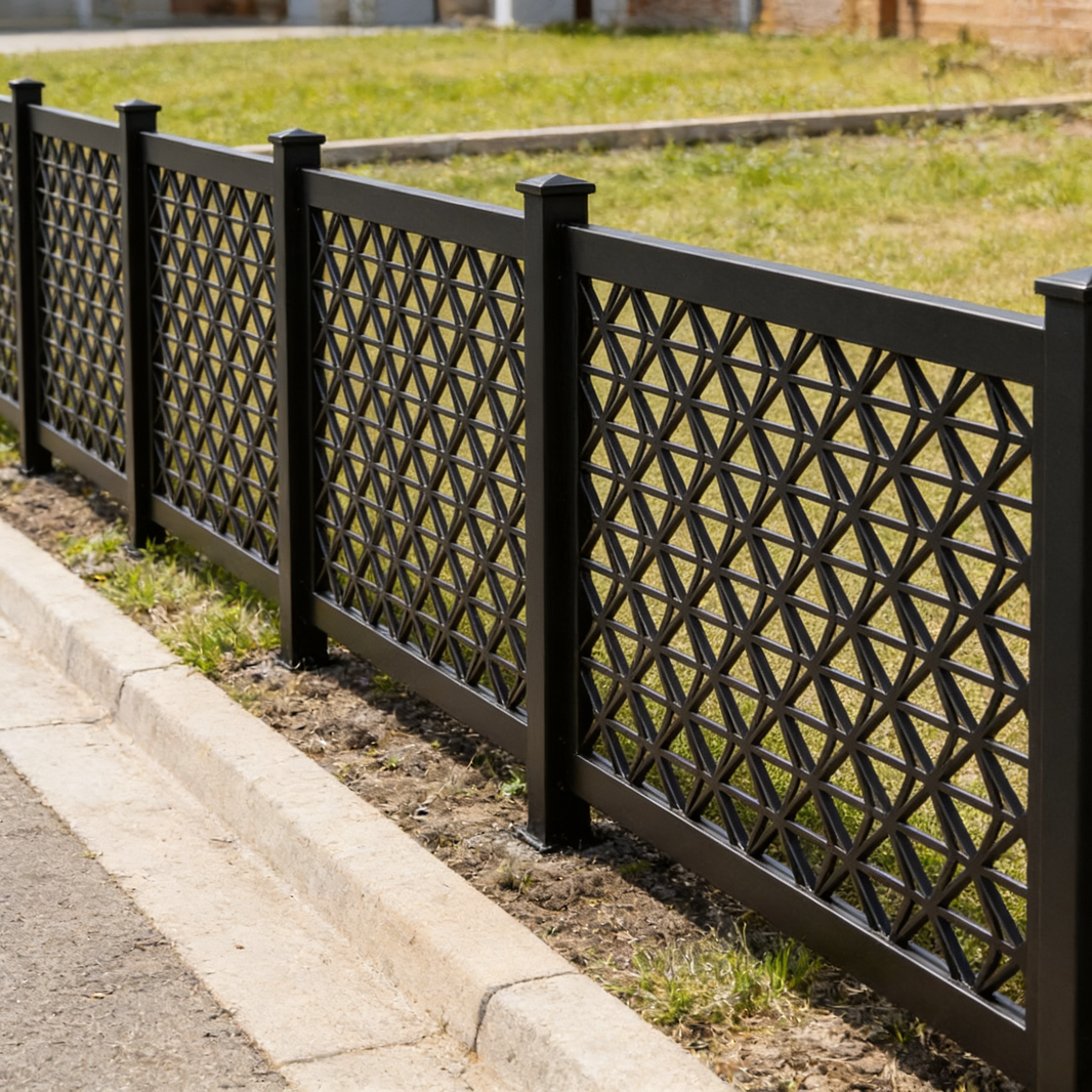 Interlocking Triangle Diamond Plasma‑Cut Steel Fence Panel | Modern Decorative Metal Privacy Screen Model # LFP984