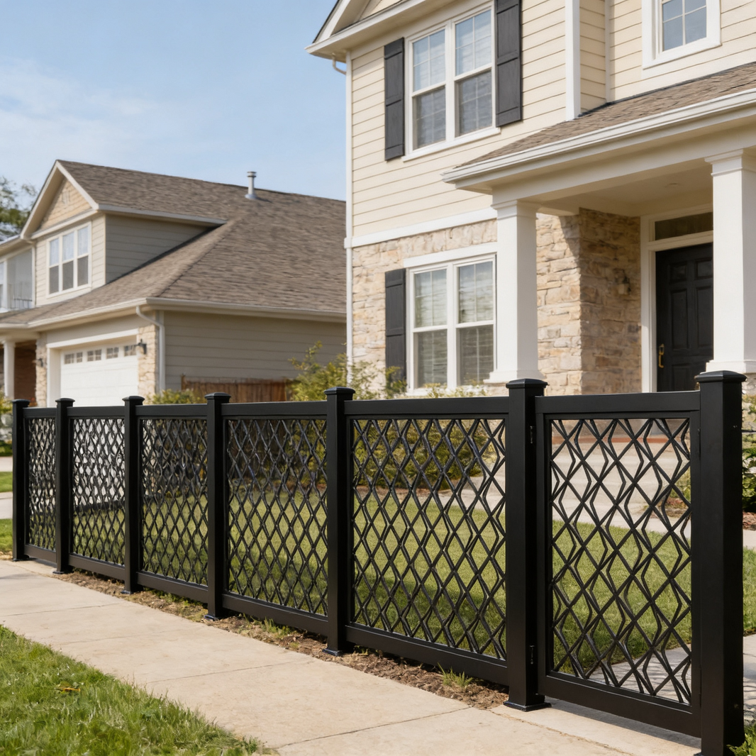 Diagonal Lattice Mesh Plasma‑Cut Steel Fence Panel | Modern Decorative Metal Privacy Screen Model # LFP985