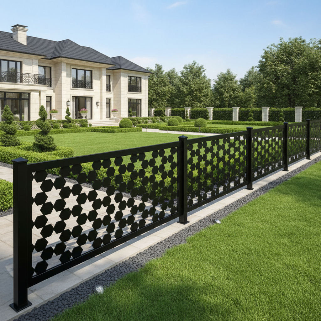Six‑Point Star Hexagon Pattern Plasma‑Cut Steel Fence Panel | Decorative Geometric Metal Privacy Screen Model # LFP989