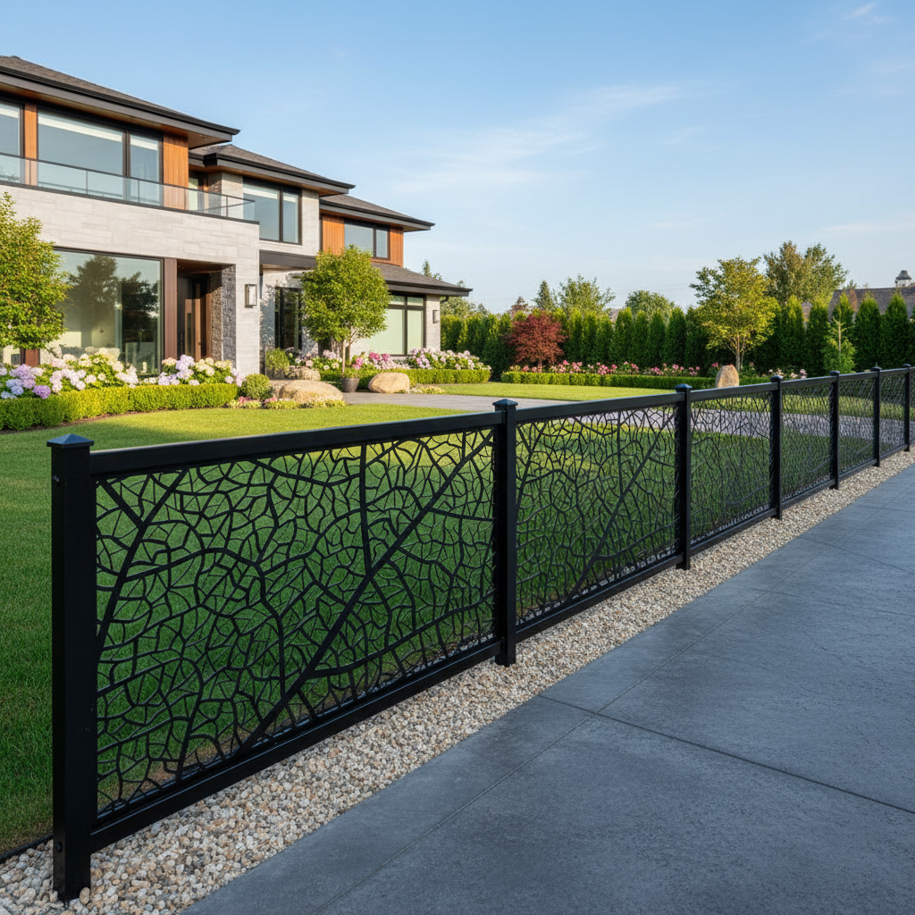 Organic Leaf Vein Pattern Plasma‑Cut Steel Fence Panel | Modern Decorative Metal Privacy Screen Model # LFP993