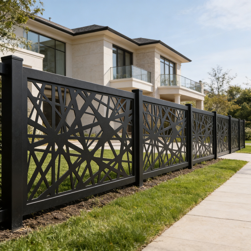 Abstract Geometric Web Pattern Plasma‑Cut Steel Fence Panel | Modern Decorative Metal Privacy Screen Model # LFP994