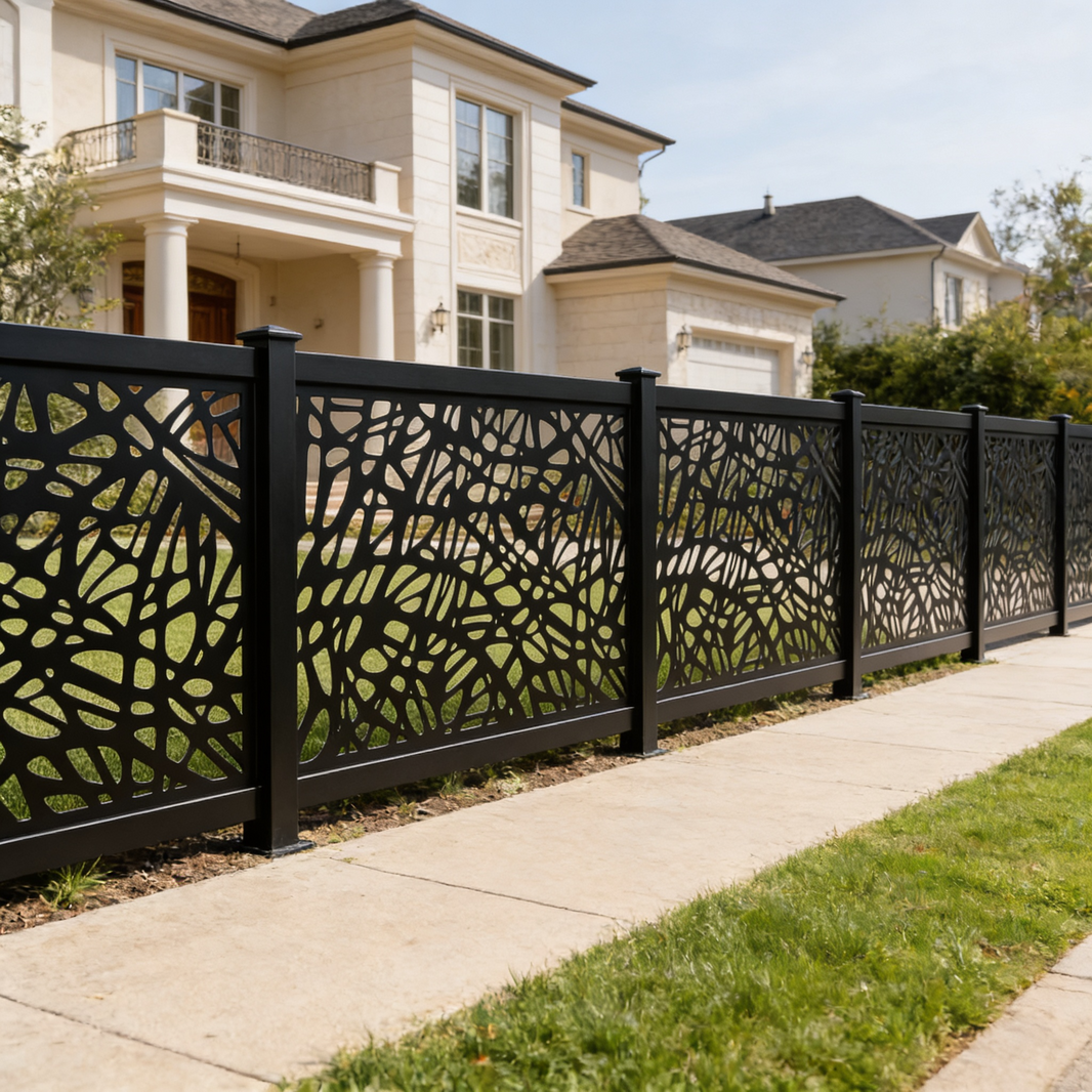 Abstract Geometric Web Pattern Plasma‑Cut Steel Fence Panel | Modern Decorative Metal Privacy Screen Model # LFP995