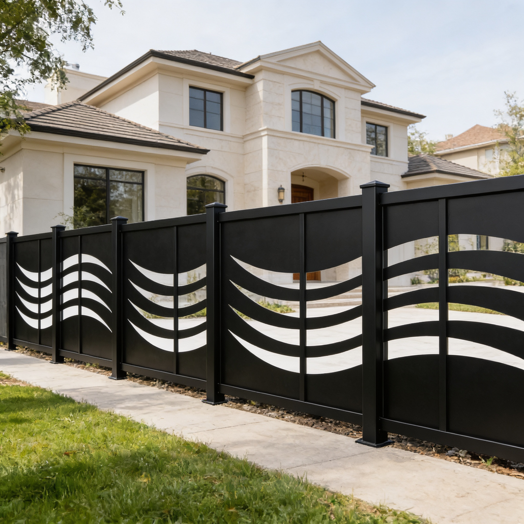 Abstract Wave Line Pattern Plasma‑Cut Steel Fence Panel | Modern Decorative Metal Privacy Screen Model # LFP998