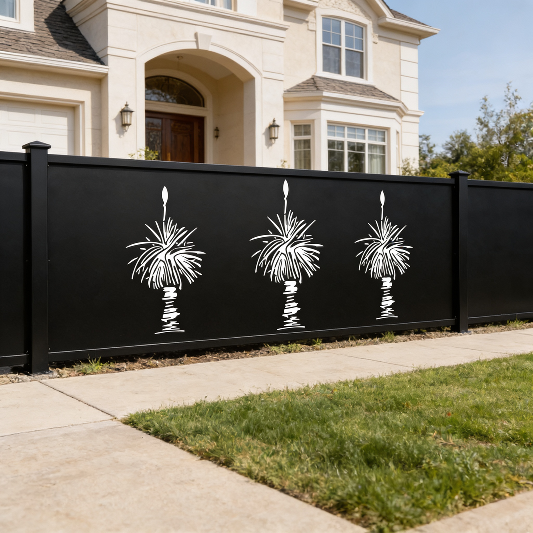 Abstract Wave Line Pattern PlasmaTriple Palm Tree Silhouette Plasma‑Cut Steel Fence Panel | Tropical Decorative Metal Privacy Screen Model # LFP999