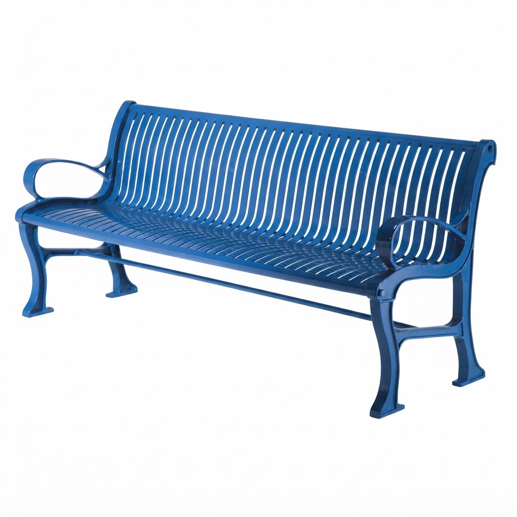 A blue metal bench with a slatted back and seat, featuring curved armrests and four legs, shown on a plain white background.