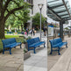 A three-panel collage showing a blue metal bench in different real-world settings: a park, a city sidewalk, and a train station platform.