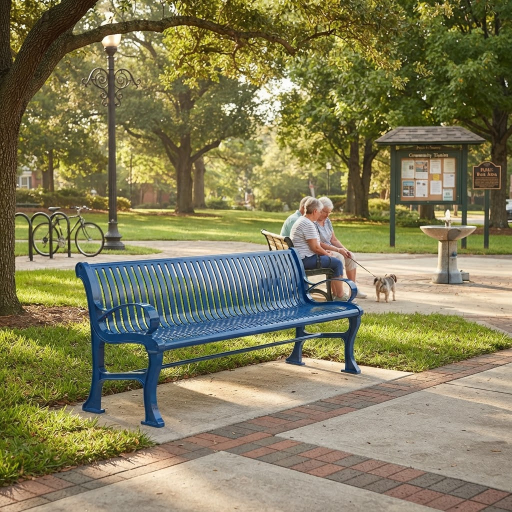 A bright blue metal park bench in a tree-lined public park, with two people sitting on a bench in the background and a small dog nearby.