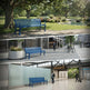 A three-panel collage showing a blue metal park bench in different real-world settings: a tree-lined park, a plaza near storefronts, and an indoor transit or exhibition space.