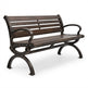 A dark brown wooden park bench with a dark metal frame, featuring decorative rivets on the backrest and armrests, set against a plain white background.