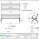 Technical drawing and dimension schematic of a slatted steel outdoor bench with cast iron style frame, showing multiple labeled detail views and measurements on a white background with the Trimco logo at the bottom.