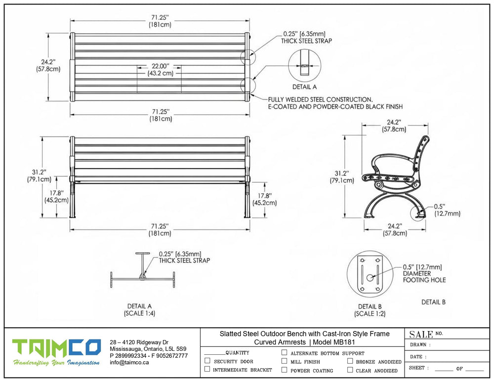 Technical drawing and dimension schematic of a slatted steel outdoor bench with cast iron style frame, showing multiple labeled detail views and measurements on a white background with the Trimco logo at the bottom.
