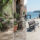 A three-panel collage showing a dark brown wooden park bench in different outdoor settings: a tree-lined garden path, a brick building walkway, and a wooden boardwalk beside the water.