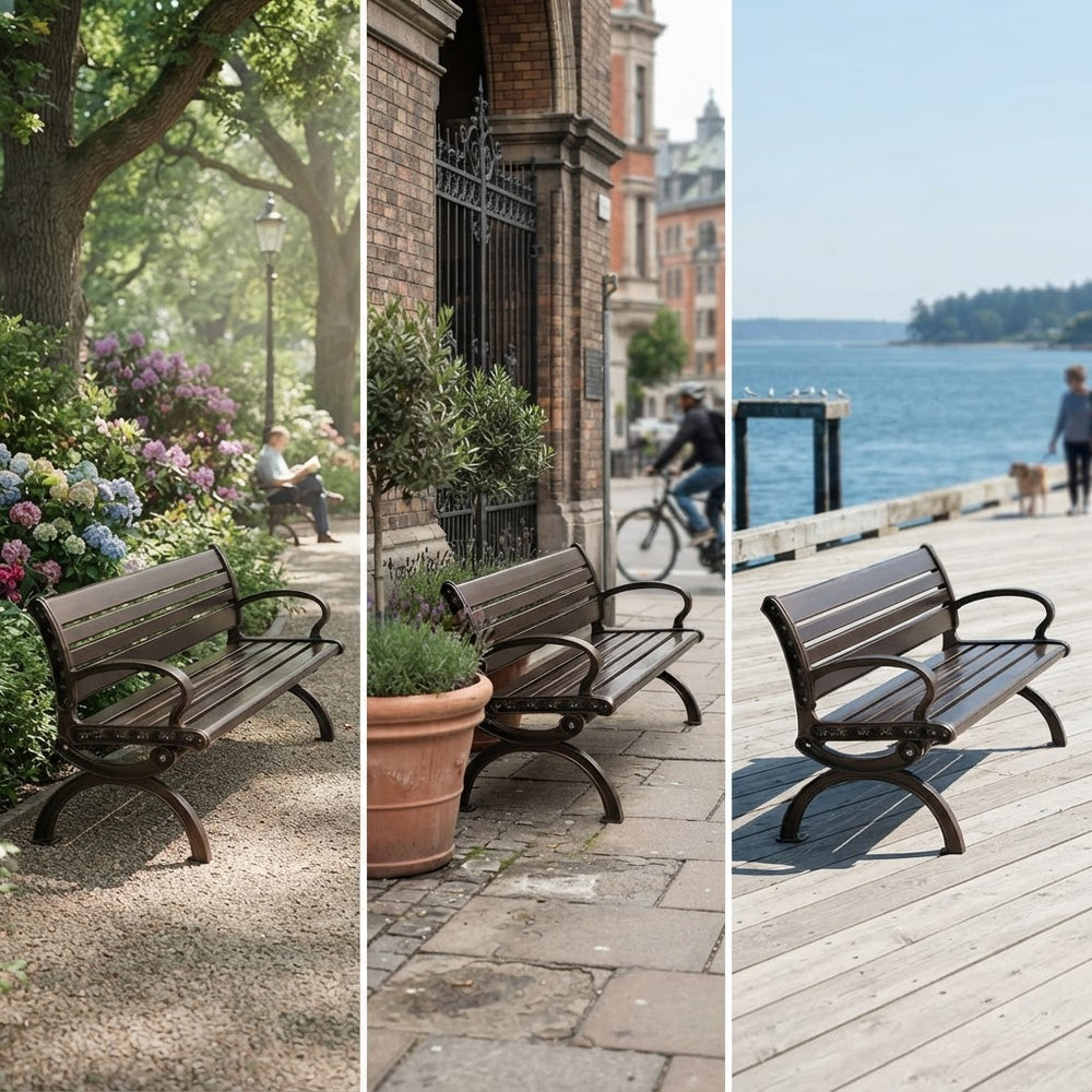 A three-panel collage showing a dark brown wooden park bench in different outdoor settings: a tree-lined garden path, a brick building walkway, and a wooden boardwalk beside the water.