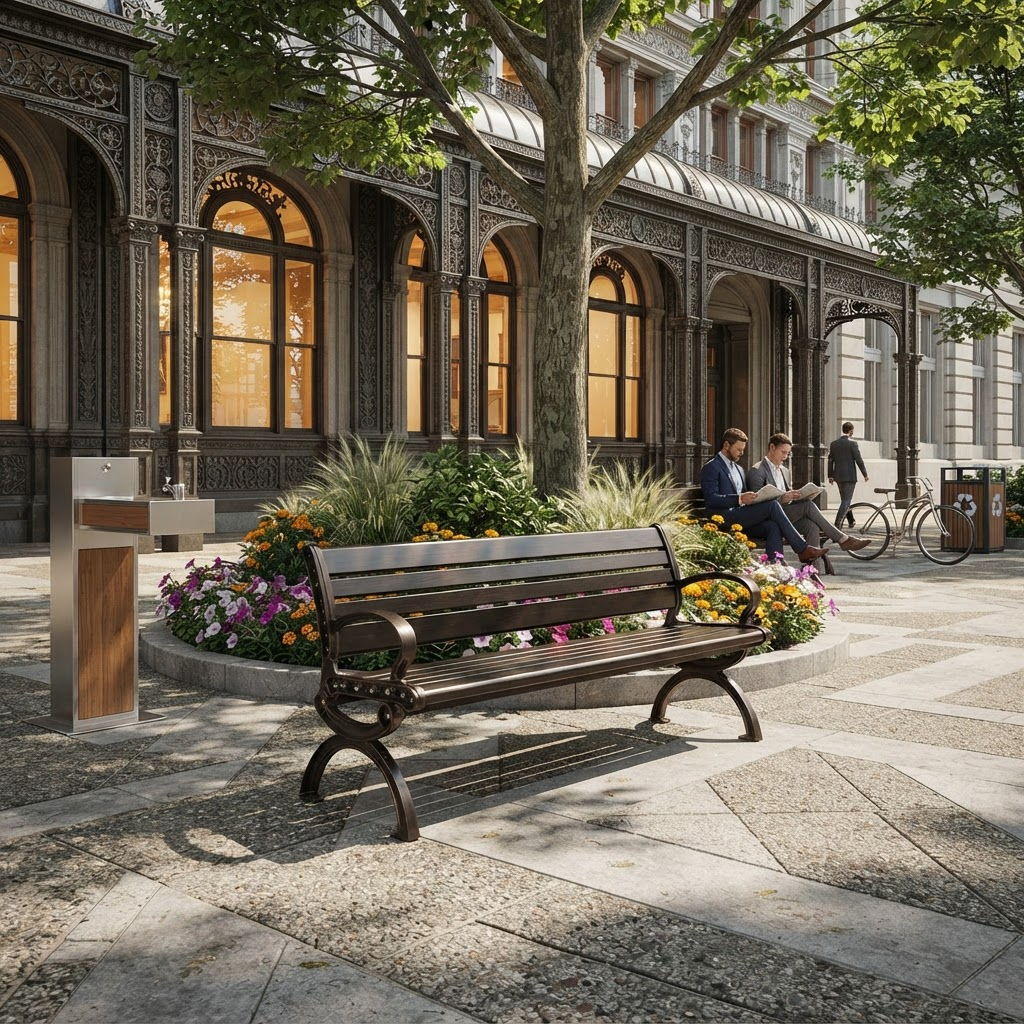 A dark brown wooden park bench with ornate metal legs sits on a paved plaza in front of a grand, historic building with arched windows. Two people are seated on the bench, and a bicycle is parked nearby, with flowers arranged in a circular planter behind the bench.