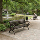A dark brown wrought-iron park bench with wooden slats is shown in a lush green park setting next to a pond with a fountain, with people and ducks in the background.