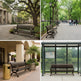 A four-panel collage showing dark brown wooden park benches in outdoor settings: beside a classical building and tree-lined walkway, on a park path with pedestrians, next to a covered walkway with a gold trash can, and inside a bus stop shelter overlooking a lake.