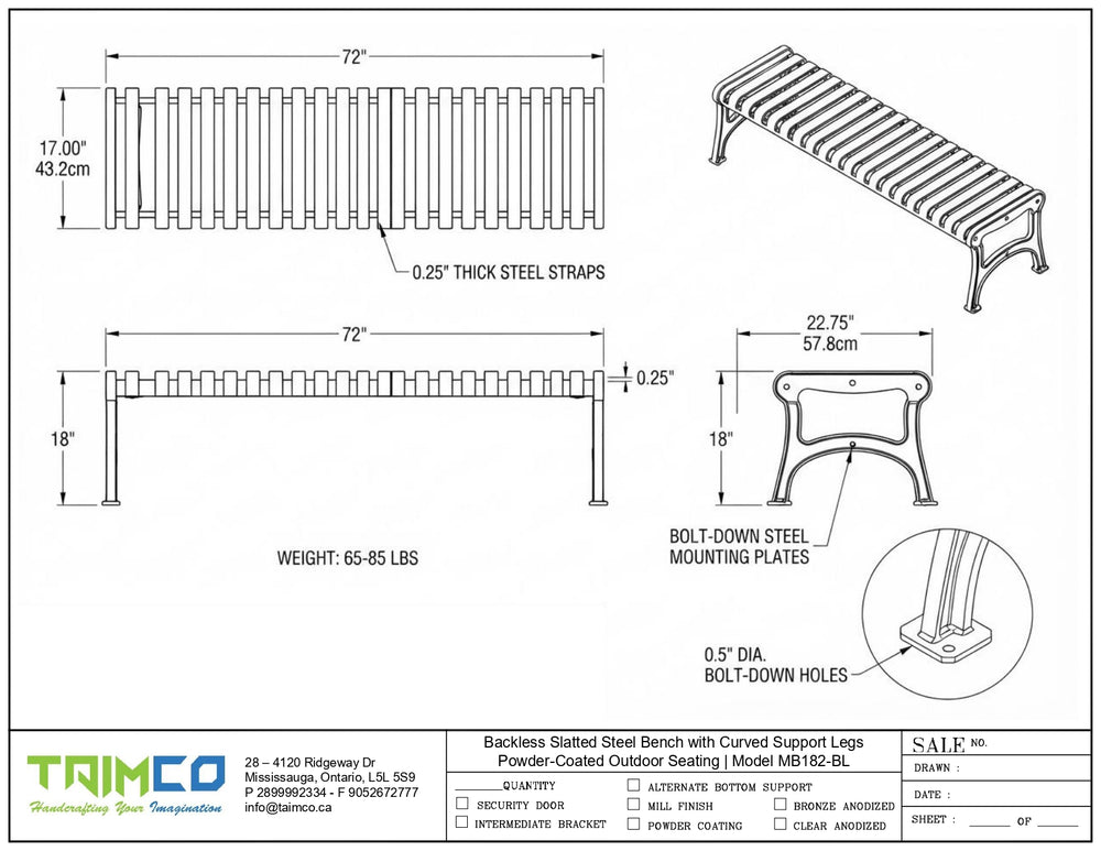 Technical drawing and product diagram of a powder-coated steel bench by TAIMCO, showing front, side, and top views with dimensions, weight, mounting plate details, and a close-up of the bolt base.