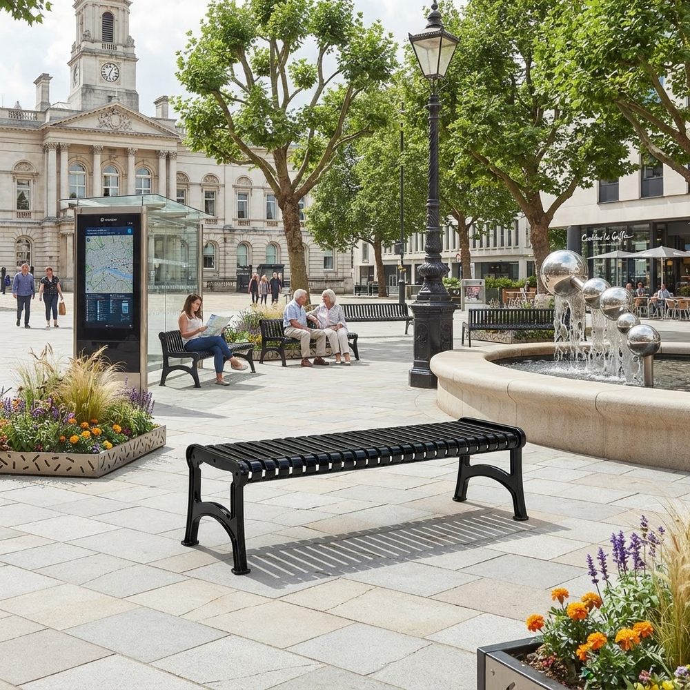 A black metal slat bench in a public square, with people sitting nearby, trees, a fountain, and a city building in the background.