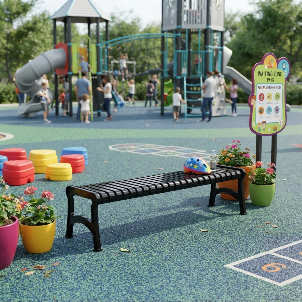 A black slatted bench sits on a colorful playground surface with potted flowers, a sign, and children playing in the background.