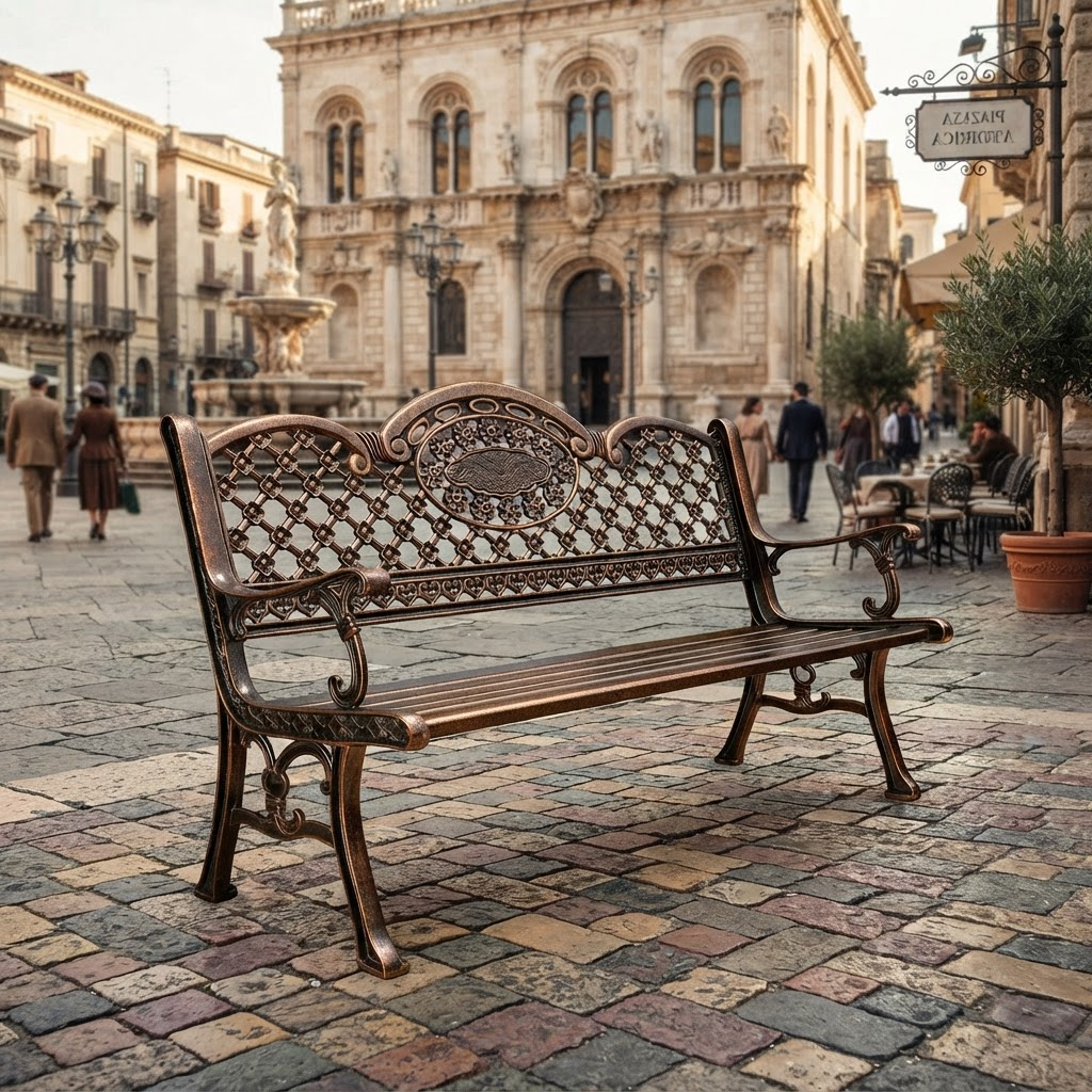 An ornate bronze cast iron park bench with a decorative lattice backrest, situated on a cobblestone plaza in a historic European town square with buildings and pedestrians in the background.