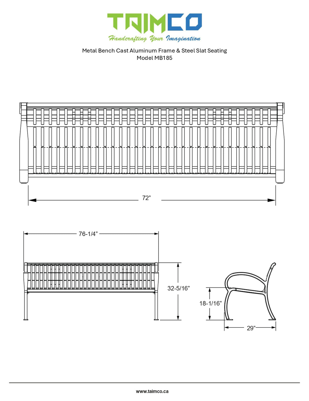 Metal Bench Cast Aluminum Frame & Steel Slat Seating | Model MB185