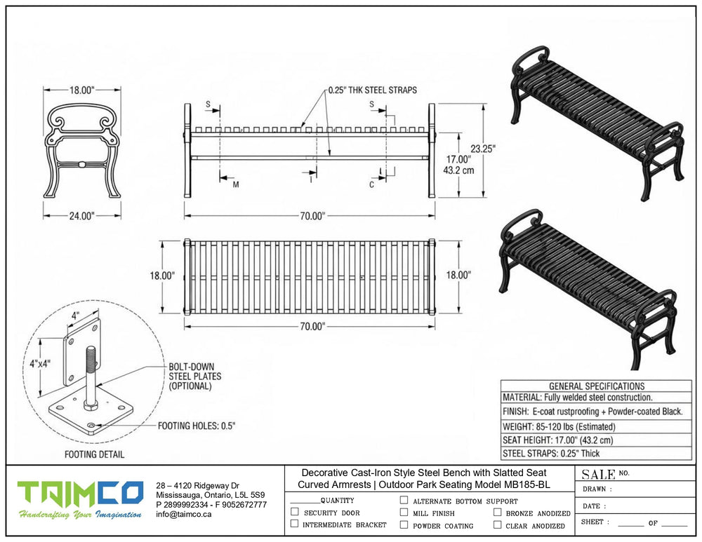 Technical drawing and specification sheet for a decorative cast iron style outdoor park seating bench, showing front, side, top, and detail views with dimensions, plus a material and finish table and the Taimco logo.