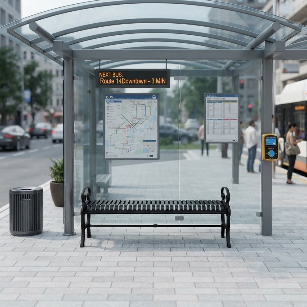 A modern glass and metal bus stop shelter with a black slatted bench, a trash can, and route information boards, set on a paved city sidewalk with blurred pedestrians and street activity in the background.