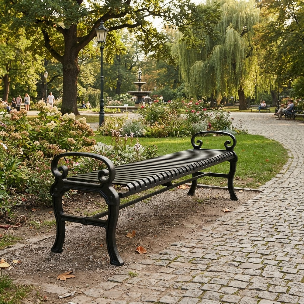 A black metal park bench with curved armrests sits on a cobblestone path in a lush green park with trees, flowers, and distant fountain visible.