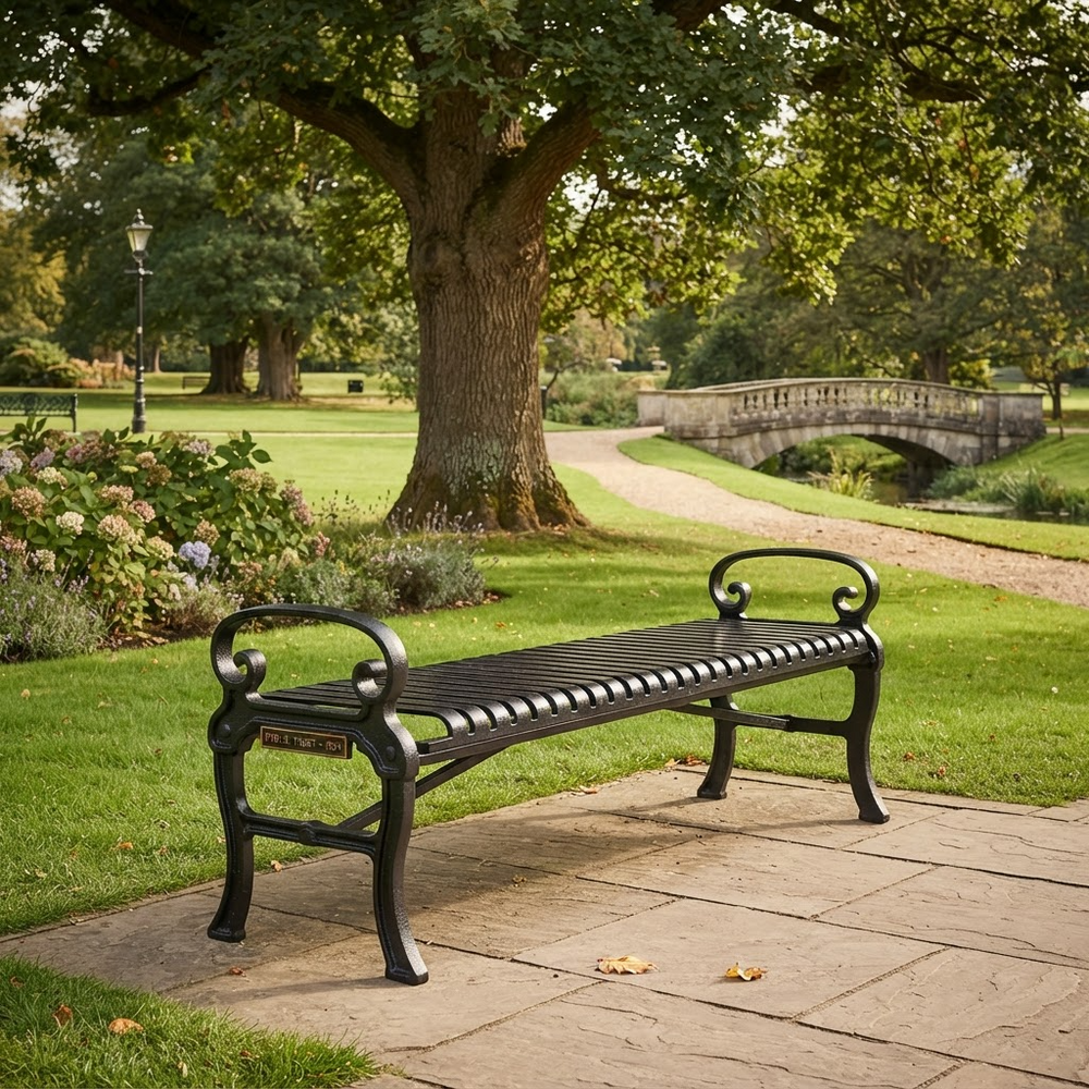 A black metal park bench with a slatted seat and decorative armrests, placed on a stone pathway in a lush green park with a large tree, bridge, and grassy lawn in the background.