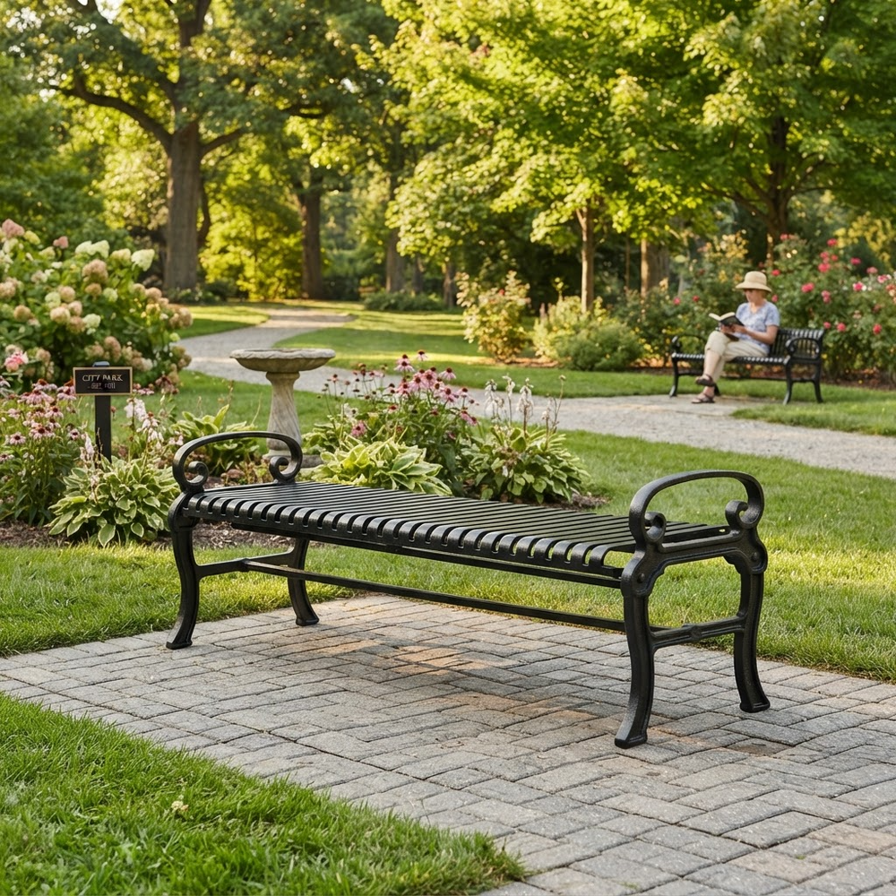 A black metal garden bench sits on a paved path in a lush green park, with a person sitting on a bench in the background among flowers and trees.