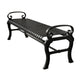 A black wrought iron bench with a slatted seat and decorative scroll arms on the headrest and footrest, shown on a plain white background.
