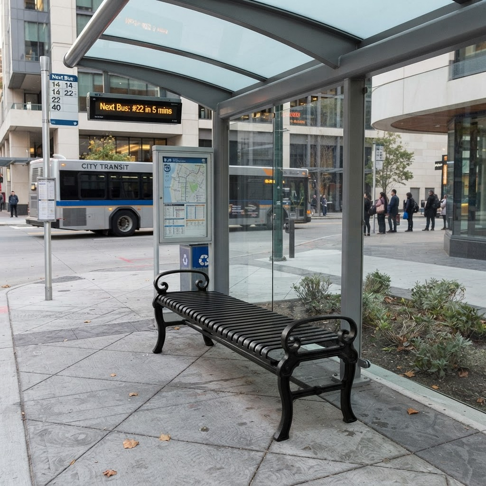 A modern glass and metal bus stop shelter with a black slatted bench on a city sidewalk. A City Transit bus is visible in the background, along with buildings, street elements, and a few pedestrians.