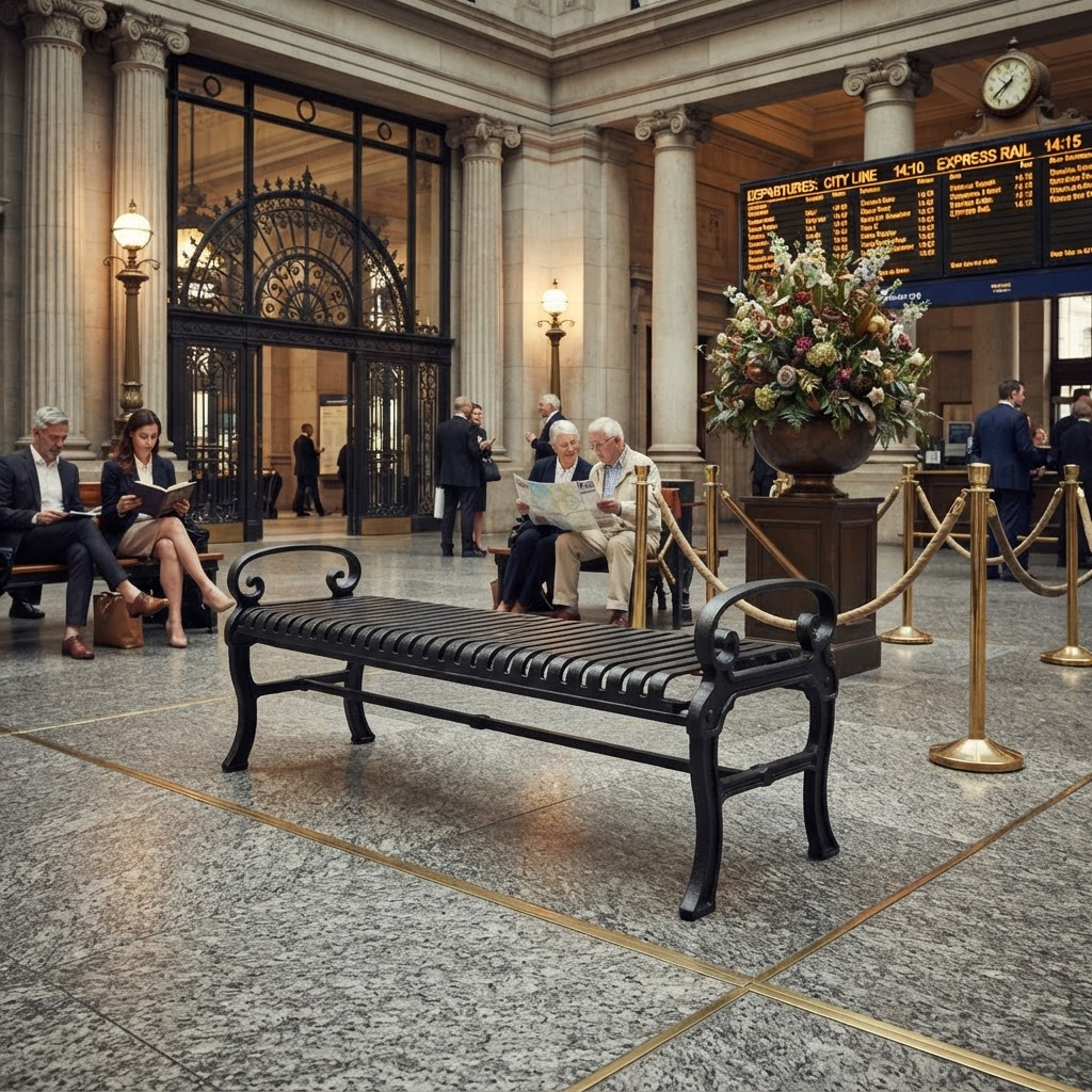 A black metal bench with curved armrests sits in a grand train station lobby with stone columns, people seated nearby, a large flower arrangement, and a departure board in the background.