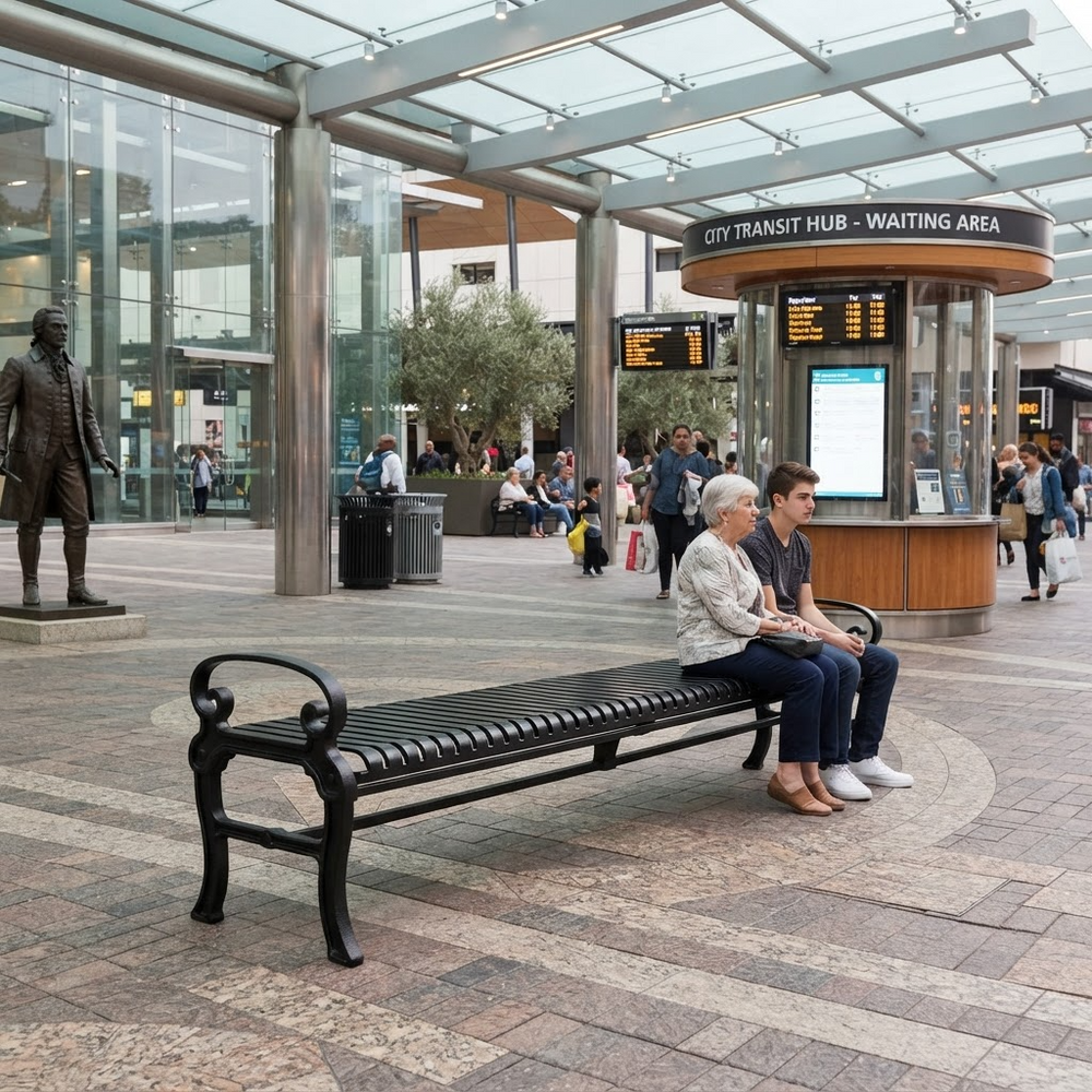 A black metal bench sits in a transit station waiting area, with two people seated on it. A city transit hub kiosk, glass-covered roof, statue, and walking passengers are visible in the background.