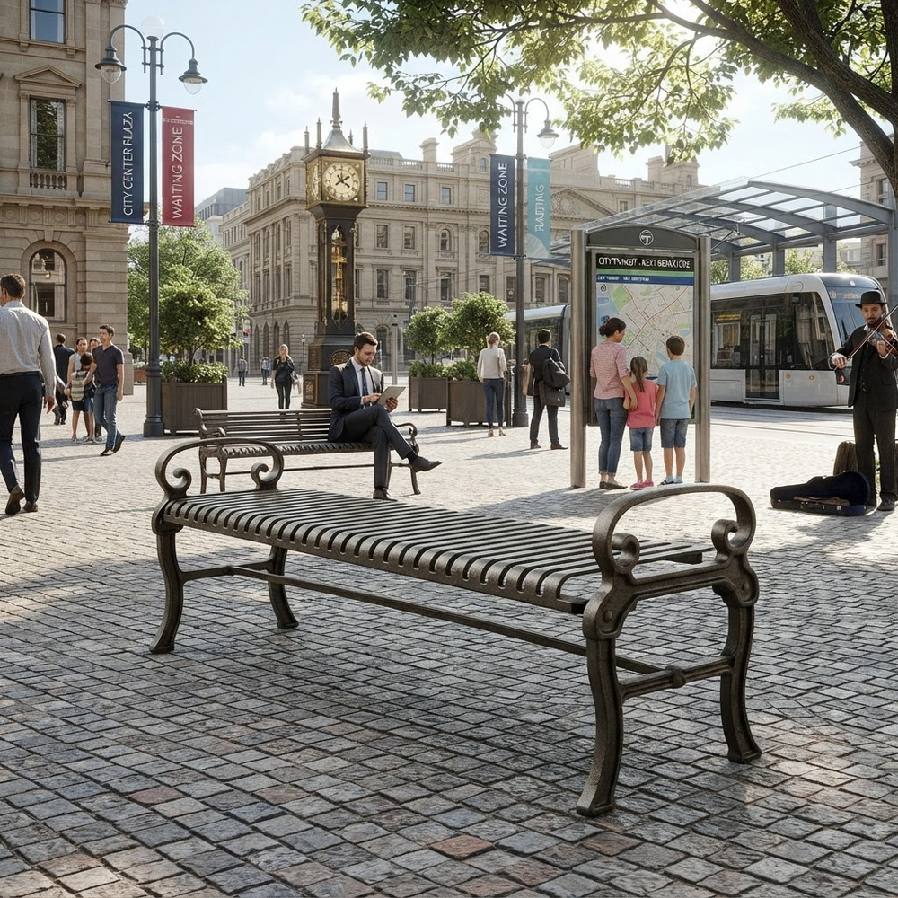 A dark metal park bench in a cobblestone plaza, with a man sitting on it. The background shows a busy city square with other people, a bus stop, and historic buildings under a bright sky.