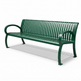 A dark green outdoor bench with a slatted back and seat, featuring curved armrests and a sturdy metal frame, shown on a white background with a soft shadow.