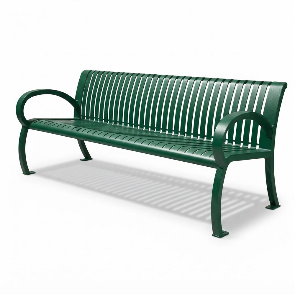 A dark green outdoor bench with a slatted back and seat, featuring curved armrests and a sturdy metal frame, shown on a white background with a soft shadow.