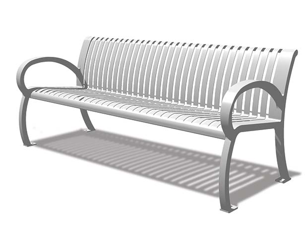 A modern outdoor bench with a white slatted back and seat and gray curved armrests and legs, shown on a white background with a soft shadow.