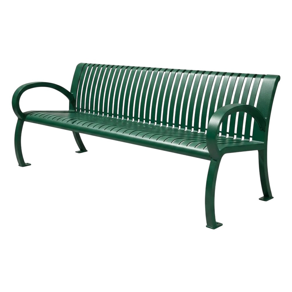 A green slatted outdoor bench with curved armrests and four legs, shown on a plain white background.