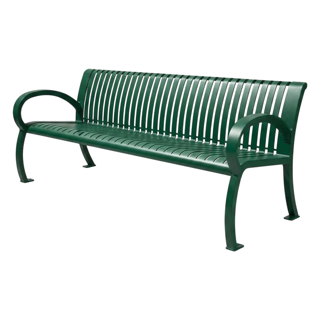 A green slatted outdoor bench with curved armrests and four legs, shown on a plain white background.